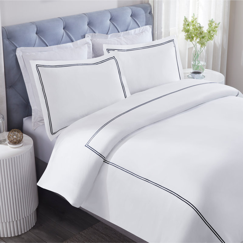 Ensemble de housse de couette brodée de 3 pièces en coton Fieldstone par Superior, Blanc/bleu marine