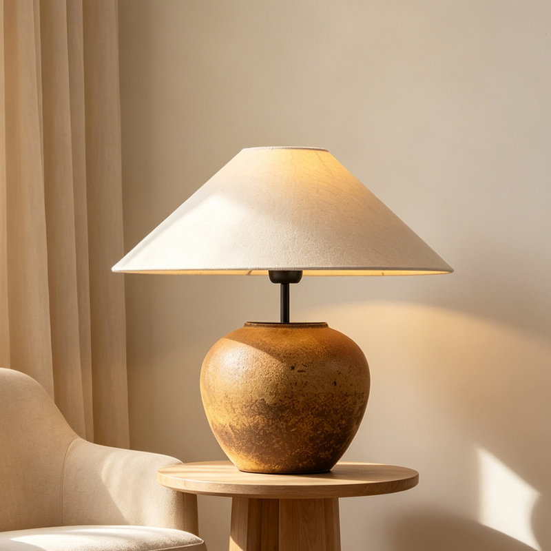 Small Ceramic Modern Table Lamp with Cotton Blend Shade for Bedroom Living Room, Bulb Included, Ochre