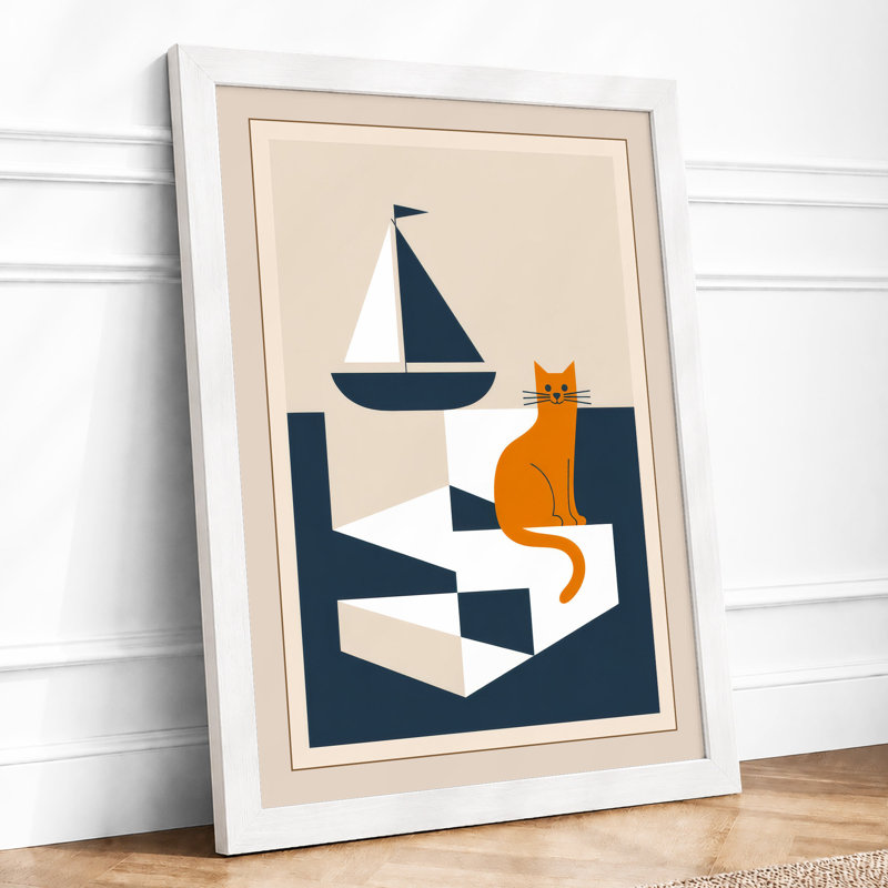 Cat and Sailboat Mid-Century - Framed Print, A4 - 29.7 x 21.0 cm, White