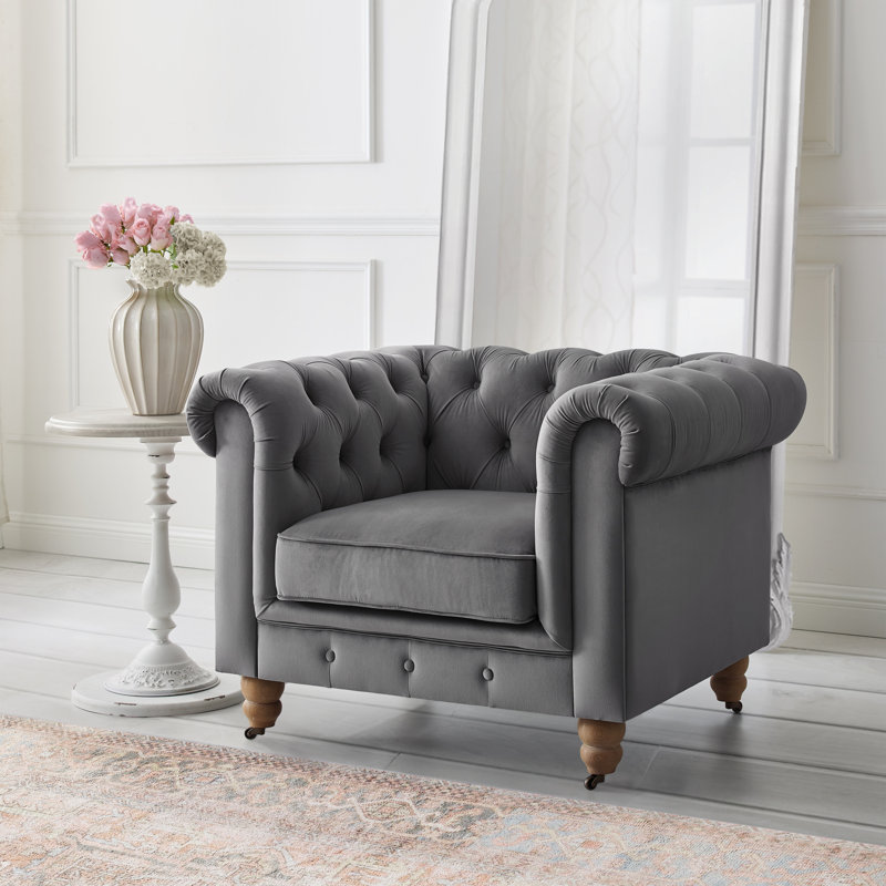 Fauteuil club Chesterfield Shabby Elegance Elina, Velours gris foncé