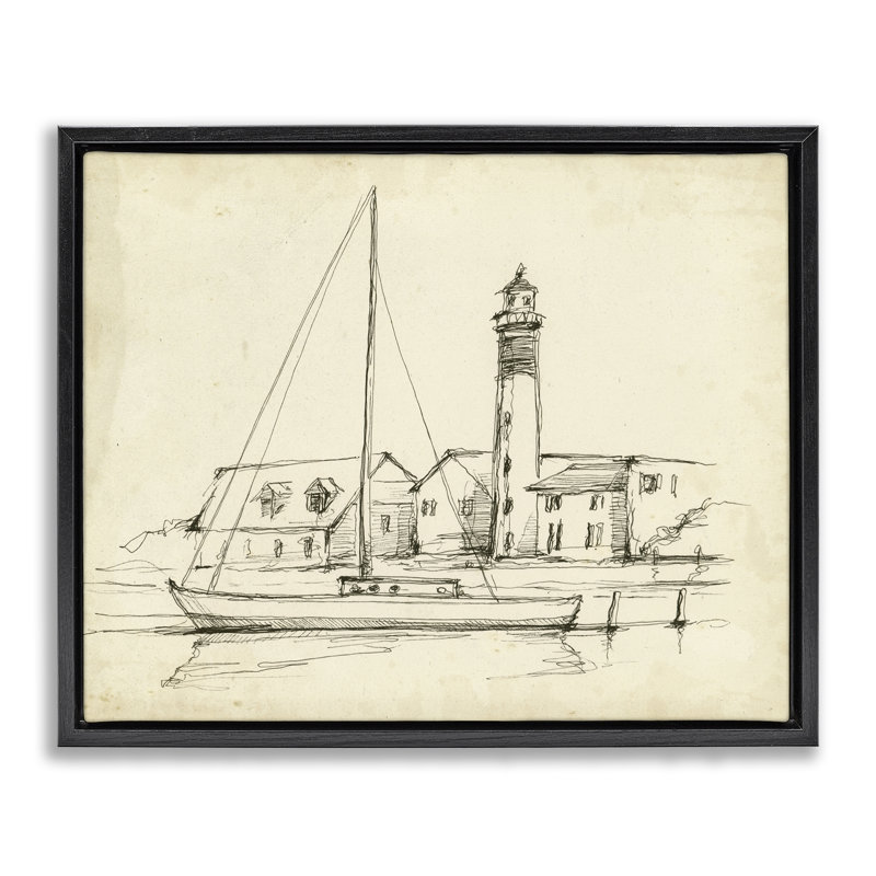 Lighthouse & Boat Study Floating Frame, design by Ethan Harper, 25" H x 31" W, Jet Black Floater Frame