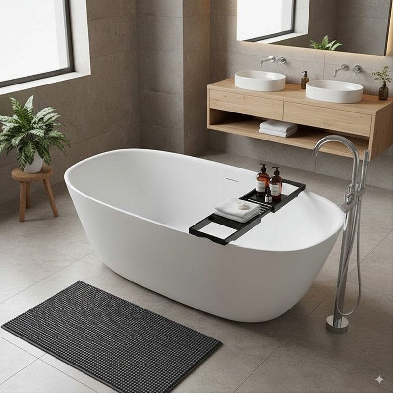 67″Solid Surface Matte Tub, Solid Surface Soaking Tub, Stone Resin Freestanding Bathtub, Thick Edge Stand Alone Tubs With Overflow, Pop-Up Drain, Matte White (Oval)