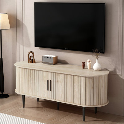 Meuble télé, console de télévision moderne de 47 po avec compartiment de rangement et porte coulissante, centre de divertissement pour jeux vidéo avec armoire pour salon, chambre à coucher, bureau (couleur bois naturel)