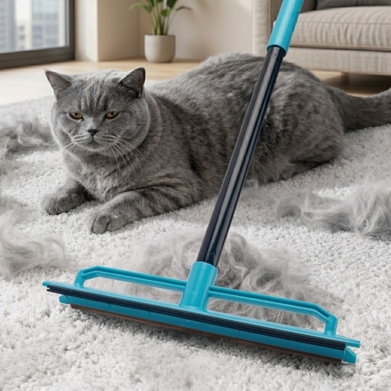 Balai d'épilation réutilisable pour animal de compagnie avec une longue manche de 56 po, un outil de ratissage de tapis pour les poils de chat et de chien