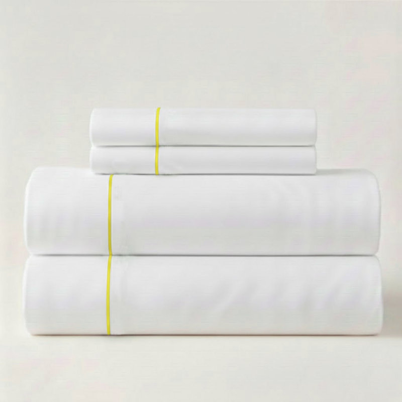 400TC Single Embroidery Sateen Solid Cotton 4 Piece Sheet Set Fitted Sheet Fits Upto 16" Deep Pocket, Queen Sheet Set