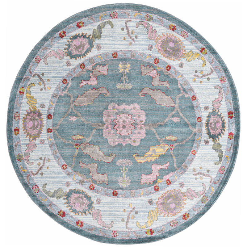 Tapis Haefner_Gris et bleu, Rond 8 pi 2 po