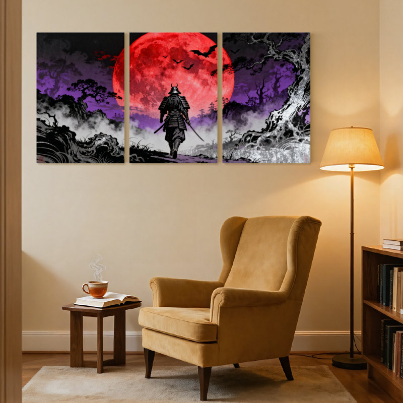 Samurai Warrior Red Moon Night Landscape Reflection Art, ensemble de 3 impressions sur toile, H 24 po x l 48 po