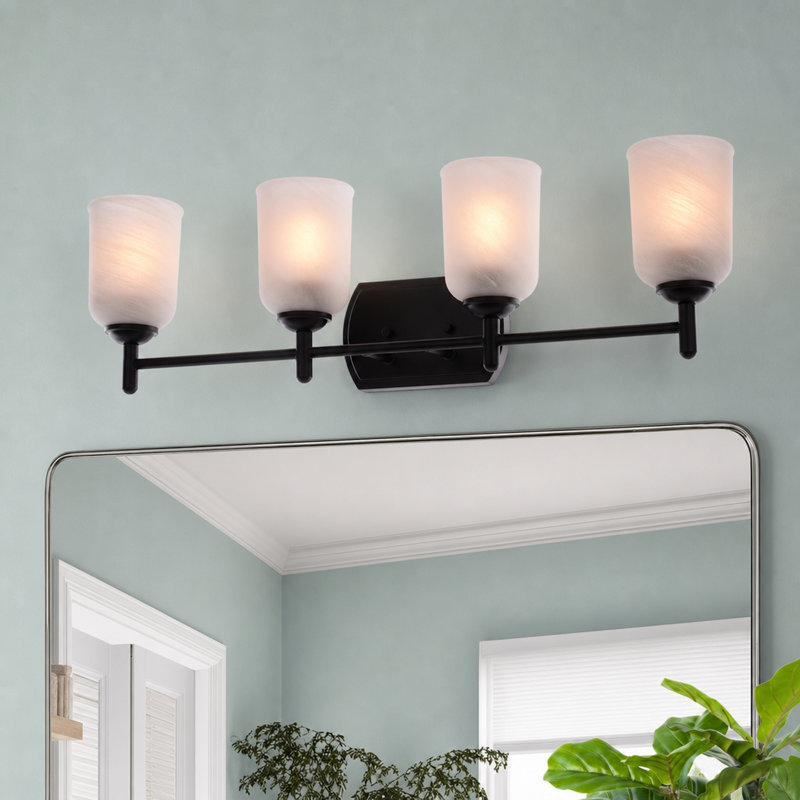 Éclairage pour salle de bain en nickel satiné à 4 lumières Laurelhurst, 29,25 po de largeur, verre blanc givré, acier, à intensité variable, compatible DEL, fixation réversible