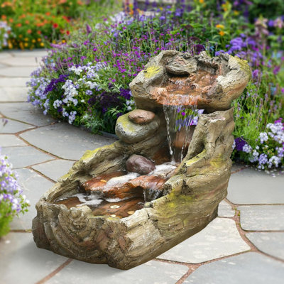 Rustic Faux Tree Trunk Garden Water Fountain Outdoor, Cascading Water Fountain with LED Lights, Water Fall Fountains Outside Decor Fountain, Patio Water Feature