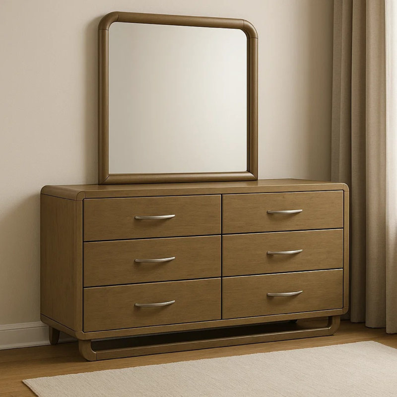 Commode Deon avec miroir, 6 tiroirs, bois brun, nickel mat