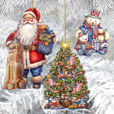 3 Piece American-Inspired Santa Wooden Ornaments