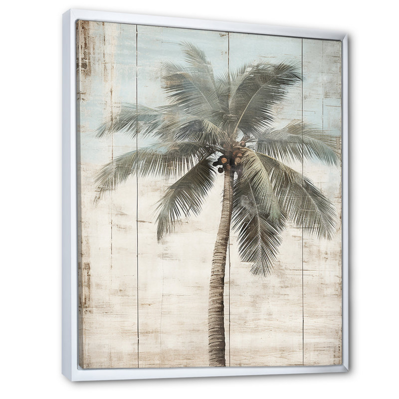Palmier tropical dans des couleurs rétro délavées - prairie, art mural, H 32 po x l 24 po x P 1 po, Cadre flottant blanc