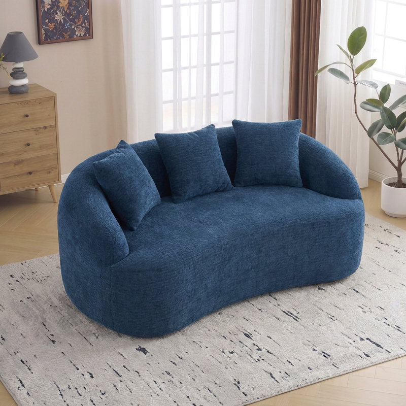 Causeuse incurvée moderne de 65 po x P 39,4 po avec 3 coussins et coussin en mousse compressée, Bleu