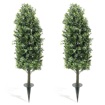 UV Resistant Artificial Boxwood Topiary Trees – Set of 2 Realistic Faux Greenery in Planters with Ground Spikes – Indoor Outdoor Decorative Shrubs for Home, Office, Patio, Garden, 90CM