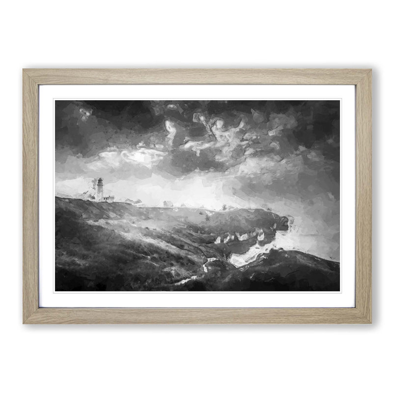 Moody Lighthouse and Seascape - Picture Frame Graphic Art Print, Oak Framed, 27cm H x 36cm W x 2cm D