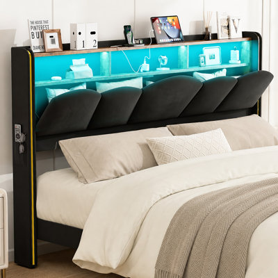 Tête de lit très grande californienne avec rangement, tête de lit tapissier à oreilles en velours avec lumières à DEL, station de charge, tablettes à 2 niveaux, pochettes de rangement, cadre de fixation, assemblage facile, noir