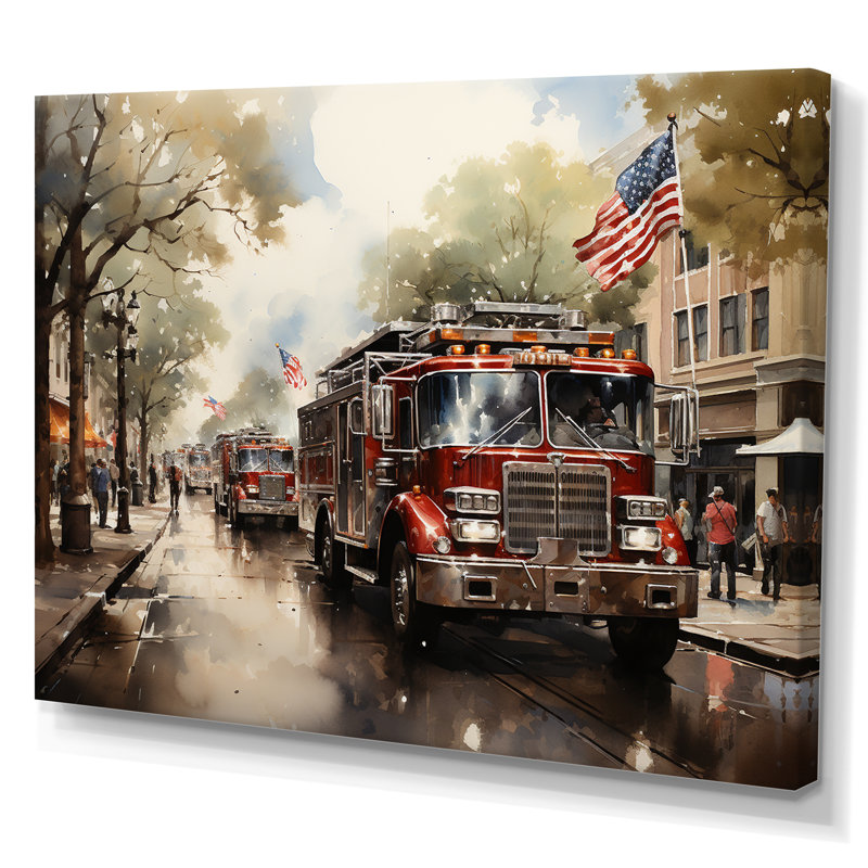 Fire Truck II - Fireman, art mural sur toile, H 30 po x l 40 po x P 1,5 po, Toile tendue