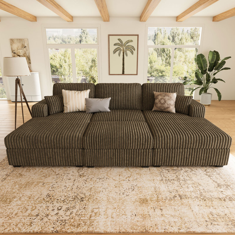 Bianca Wide Plush Corduroy 110.83 Inch Oversized Sofa Bed Storage Modular Couch, Brown Corduroy