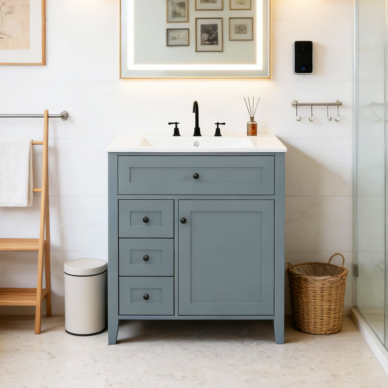 Meuble-lavabo autoportant de 30 po en MDF et armoire en bois d'hévéa avec lavabo, 3 tiroirs, Bleu gris