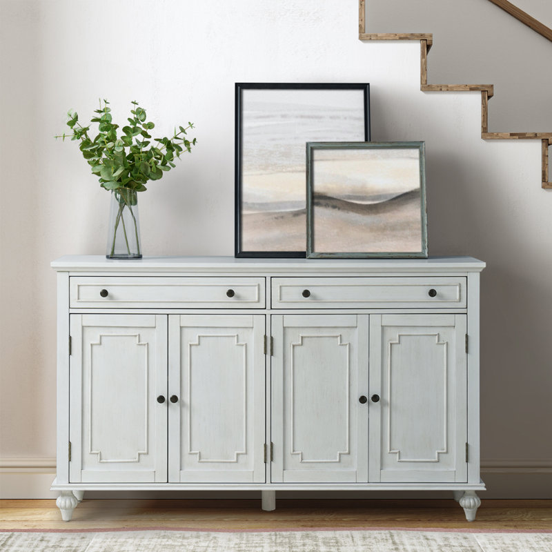 Buffet Aleq de 58 po avec porte-verres à pied et tablettes réglables, Blanc
