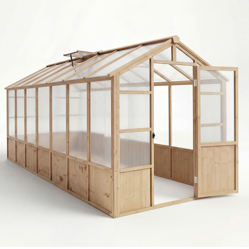 Large Cedar Wood Walk-In Greenhouse for Outdoor Garden with Lockable Door, Adjustable Roof Vent, Polycarbonate Panels & UV Protection for Backyard or Patio, 8x14 FT (Light Brown)