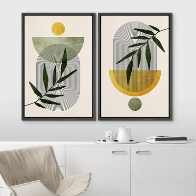 Mid Century Modern Boho IDEA4WALL Framed Canvas Print Wall Art Set Forest Plant Pastel Polygons Abstract Shapes Illustrations  Art Decorative Colorful For Living Room, Bedroom, Office
