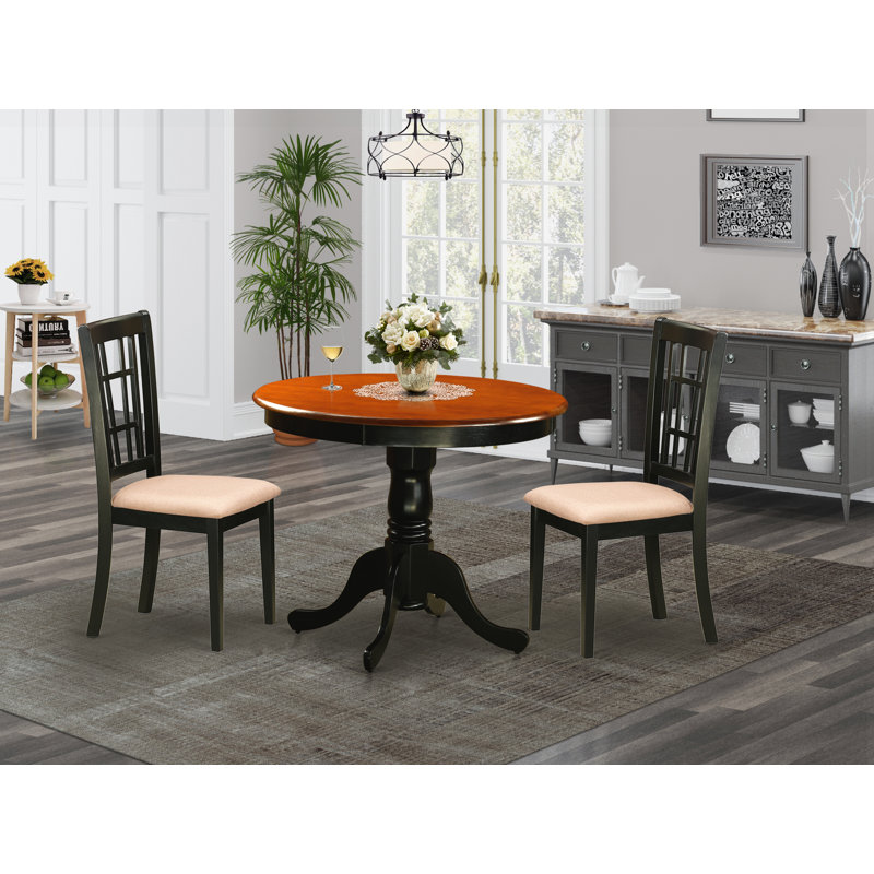 3 Piece Dining Table Set for Small Spaces Contains a Round Kitchen Table with Pedestal and 2 Linen Fabric Upholstered Chairs, 36x36 Inch, Black & Cherry