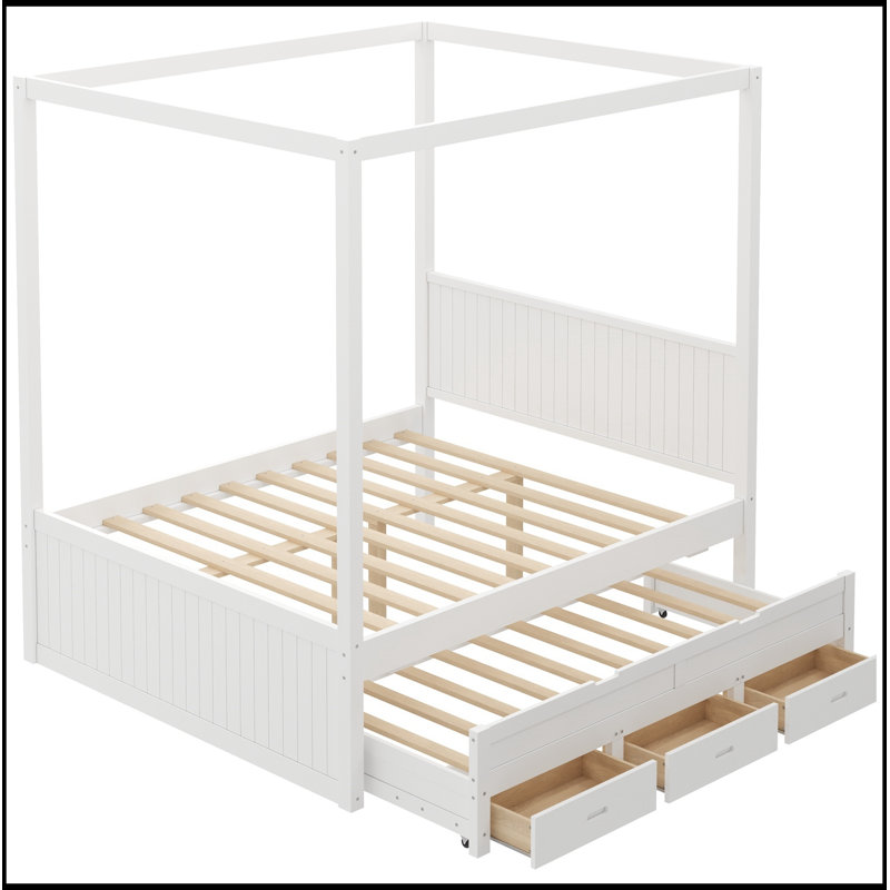 Grand lit plateforme avec auvent pour lit gigogne simple et 3 tiroirs de rangement, White