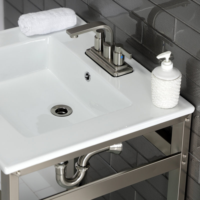 Kingston Brass Quadras 25-Inch Ceramic Console Sink with Stainless Steel Base and Shelf, White/Polished Nickel, 4" Centers