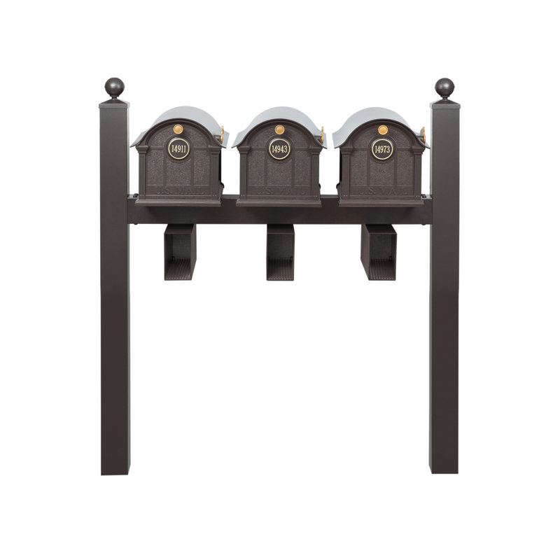 Balmoral Triple Mount Mailbox /w/ Ball Finials, Personalized Door Medallion, Newspaper Box (3 Mailboxes, Tri-Mount Rack, 3 Newspaper Boxes, 3 Medallions)