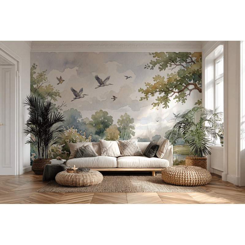 Papier peint paysage nature rétro, L: 140 po x H: 96 po, Peler et coller