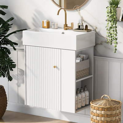 Meuble-lavabo flottant moderne de 21,6 po avec lavabo en céramique - parfait pour les petites salles de bain, rangement à droite