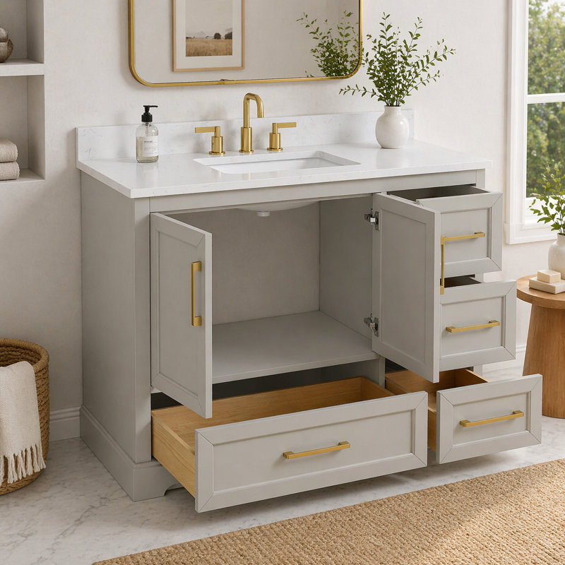 Wilce Snowline Freestanding Double Sink Bathroom Vanity With Engineered Stone Top, 42"