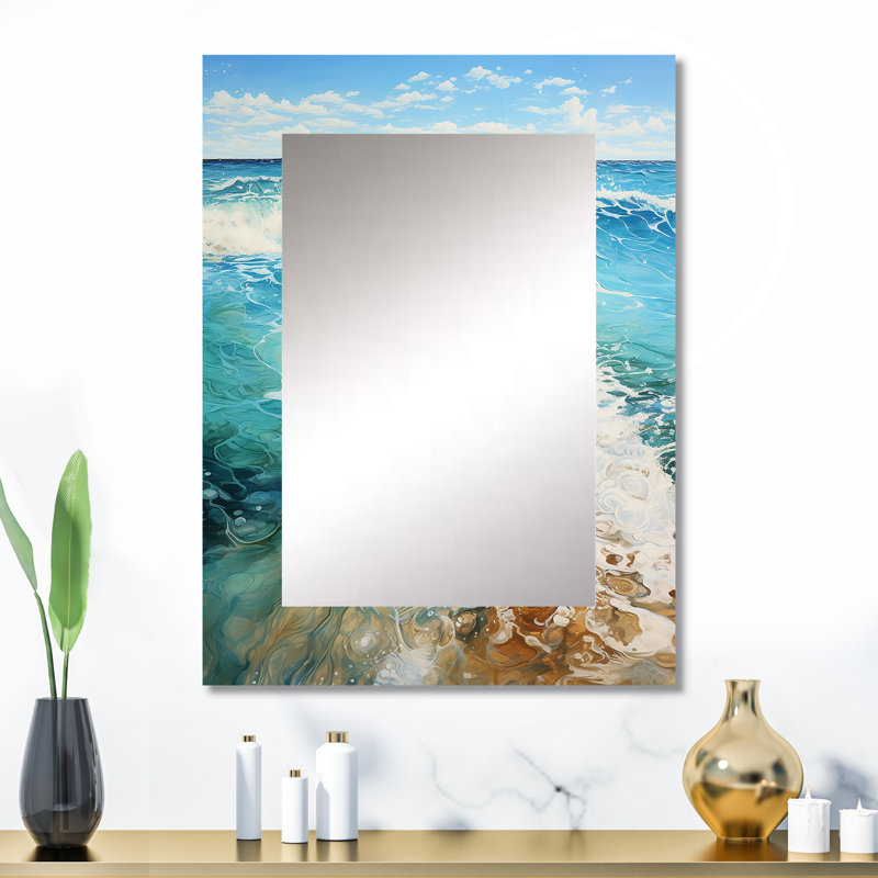 «Beach Photo Oceanic Rhythms» - grand miroir de plage, miroir mural décoratif bleu sarcelle, impression d'art en métal