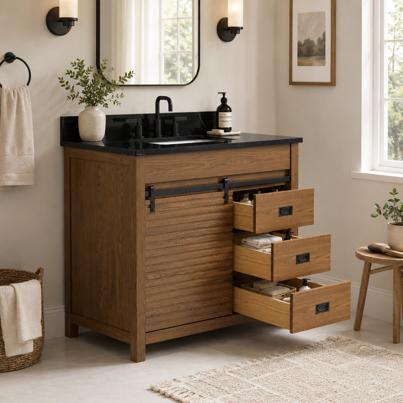 Aldiana 36'' Sliding Barn Door Freestanding Single Bathroom Vanity with Sintered Stone Top