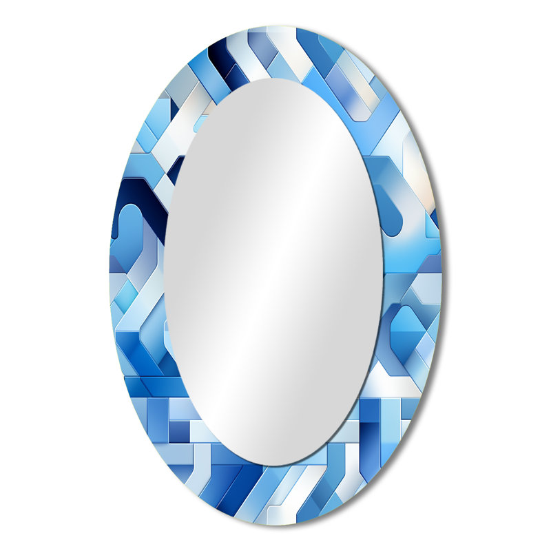 Bleu et blanc rayé Symmetry - Miroir mural ovale moderne, 36 po x 24 po