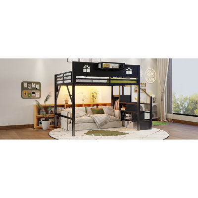Grand lit mezzanine avec escalier, grand lit mezzanine en métal avec garde-corps en hauteur et haute, lit mezzanine haut avec garde-robe pour enfants adolescents