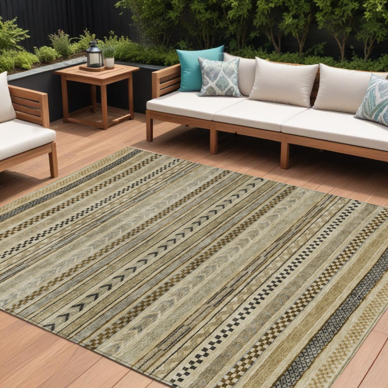 Tapis extérieur lavable rayé chocolat et taupe 9 pi x 12 pi