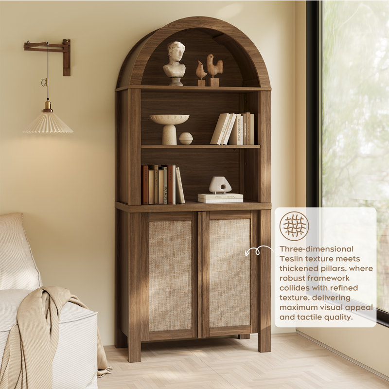 Retro Minimalism 70.5'' Tall Arched Display Cabinet With Solid Wood Handle, Brown