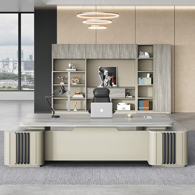 Bureau de direction grand luxe 78,74 "clair - panneau de particules en bois massif avec plateau élargi, armoire latérale étendue, boîte de gestion des câbles et tiroirs silencieux, armoire latérale réversible, bureau de direction à grande capacité
