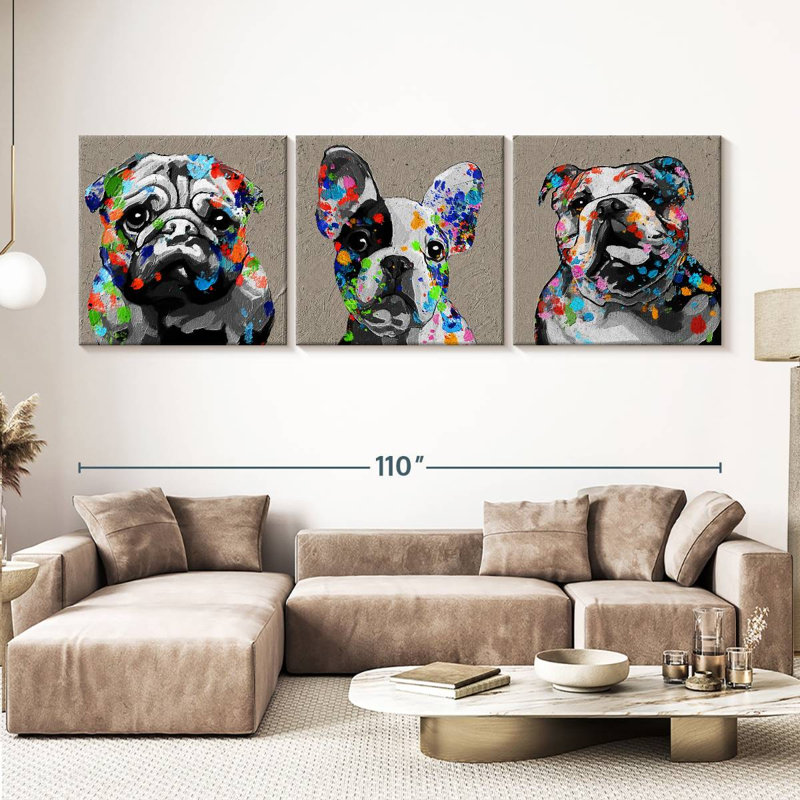 Bulldogs on Canvas, reproduction de 3 pièces, H 110 po x l 36 po x P 1,25 po