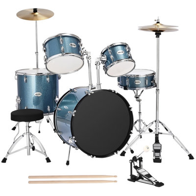 Ensemble de batterie, ensembles de batterie pour enfants de 22 pièces pour 5 personnes, ensemble de batterie pour débutant avec trône réglable, cymbale et baguettes, ensemble d'instruments de batterie pour l'apprentissage musical, pour débutant, adolescent et étudiant (bleu gravier)