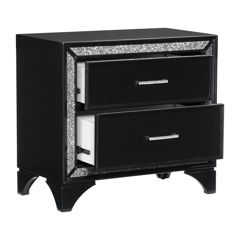 Table de chevet de chambre à coucher avec surface métallique noire et 2 tiroirs pour rangement moderne