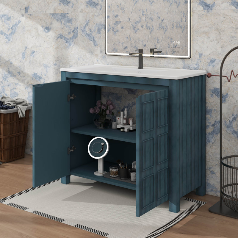 Rangement de meuble-lavabo fonctionnel 36 po avec lavabo en céramique, Bleu rétro