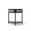 Table de bout Boho avec porte coulissante en rotin, bois massif noir et console en bois aggloméré