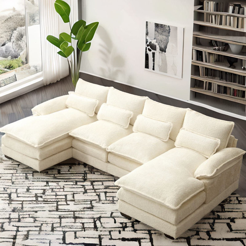 110.6" U-Shape Chenille Sofa, Beige Chenille/Foam Padding