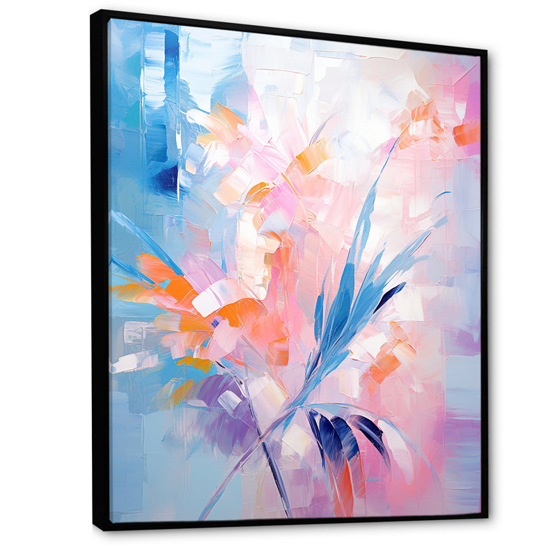 Plantes tropicales roses et pastel 1 - Art mural floral abstrait, Cadre flottant noir, H 20 po x l 12 po x P 1 po