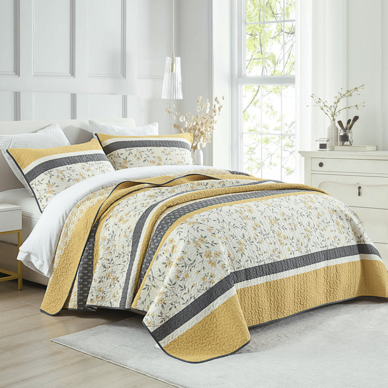 DDUOXIN 3 Piece Cotton Quilt Bedding Set, Courtepointe pour lit grand + deux taies décorati, Jaune / gris / rayures vertes