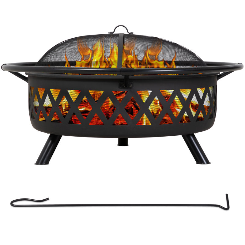 Volkrad 42 inches Outdoor Crossweave Fire Pit with Spark Screen and Log Poker
