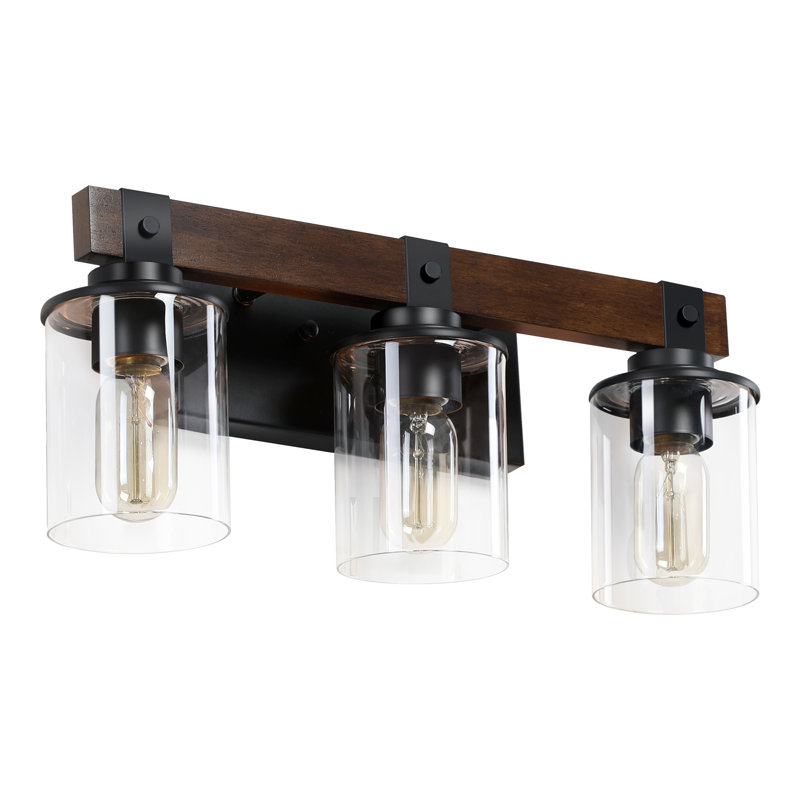 3 - Light Wooden Dimmable bathroom Vanity Light Over Mirror With Clear Glass Shades, Farmhouse Wall Light Fixture For Bathroom, Bedroom, Hallway